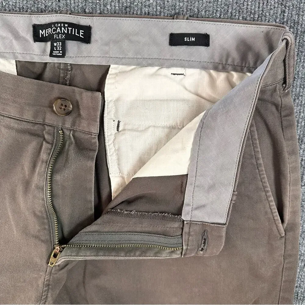 J. Crew Men’s Mercantile Flex Chino Pants Muted Tone Brown Khaki Slim 33x32